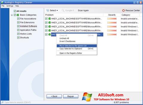 Στιγμιότυπο οθόνης Auslogics Registry Cleaner Windows 10