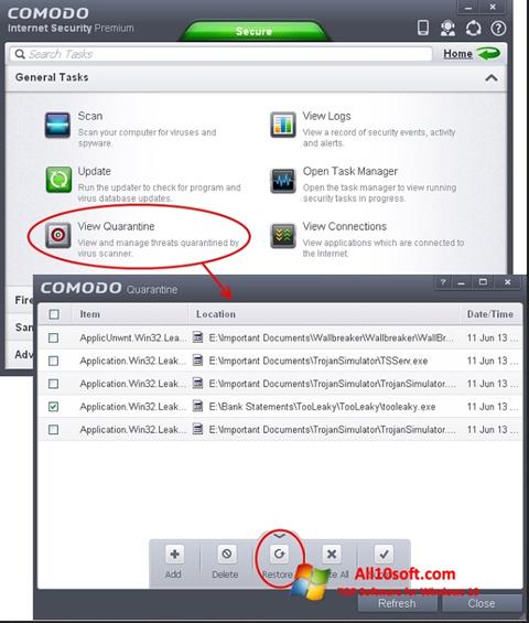 Στιγμιότυπο οθόνης Comodo Internet Security Windows 10